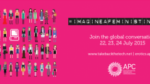 Pink poster for second #ImagineAFeministInternet. A grid of pixellated non-binary and women characters on the left with text of the meeting details on the right