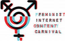 Feminist Principles of the Internet logo which is a combination of three gender symbols and a glitchy rendering of the text 'Feminist Internet Content Carnival' in red black and blue